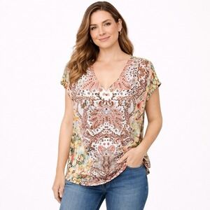 Soft Surroundings Patria Tunic Beaded Paisley Floral V-Neck Top Size Medium
